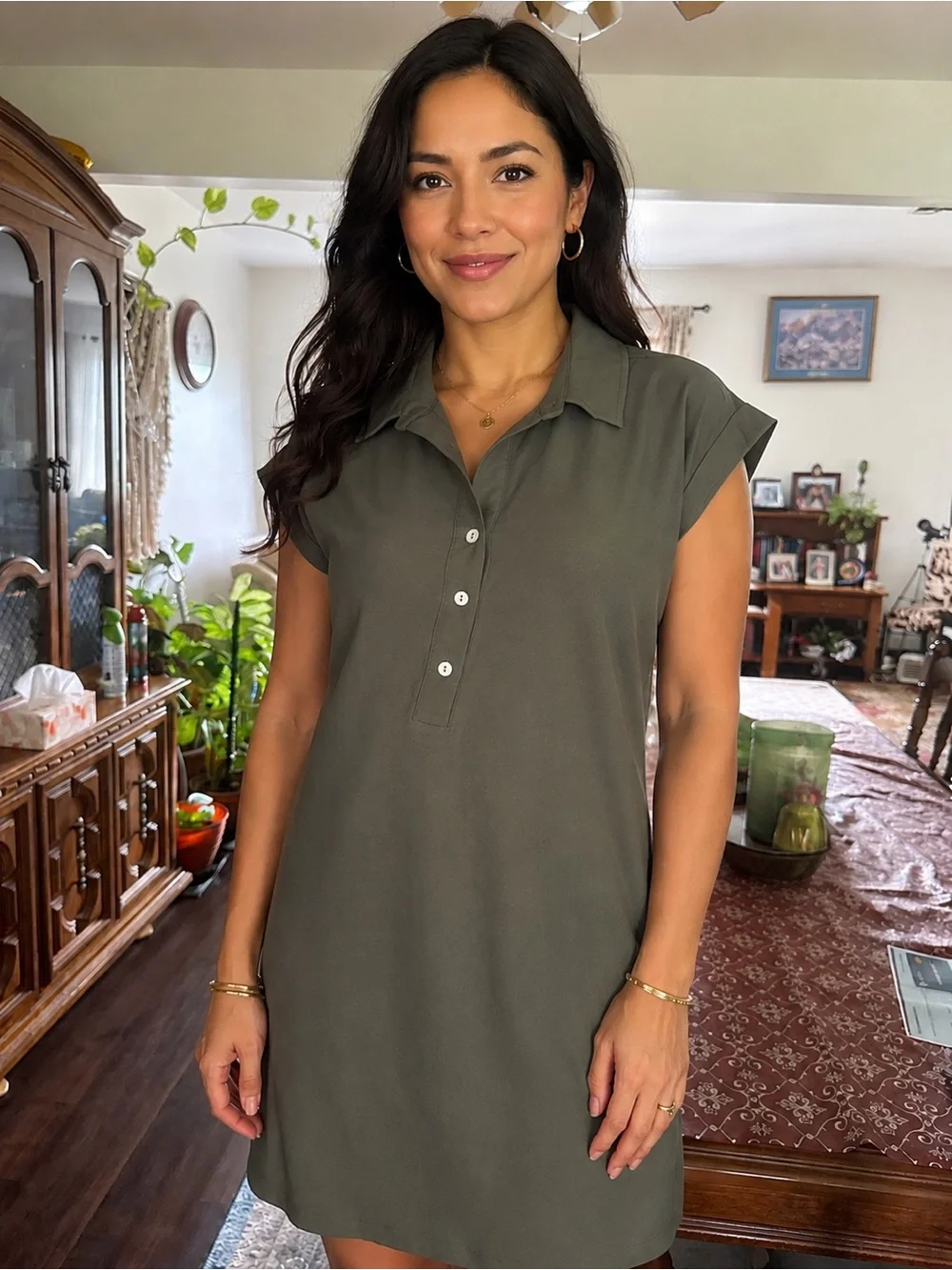 Sleeveless Polo Tunic Dress - Olive Green